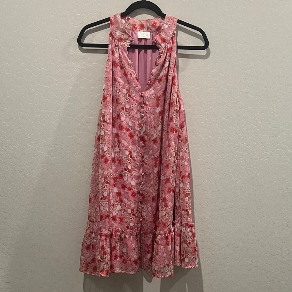 Fate by LFD Pink Floral Button Front Ruffle Hem Mini Dress Large